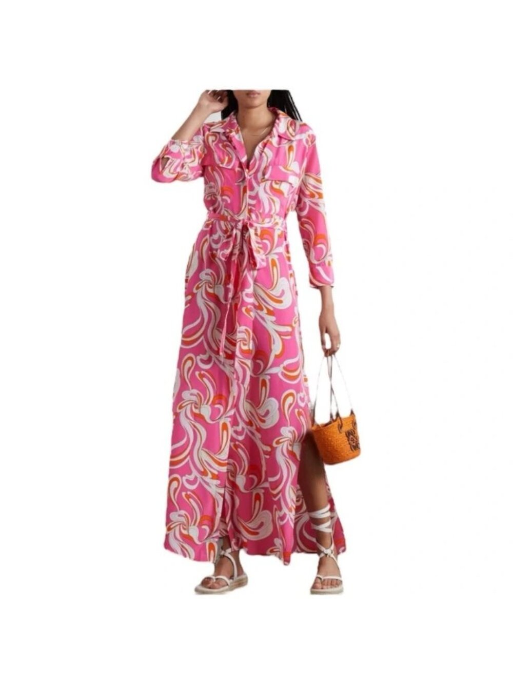 L'AGENCE Cameron Silk Maxi Shirt Dress Womens XS Pink Orange Swirl Print Belted